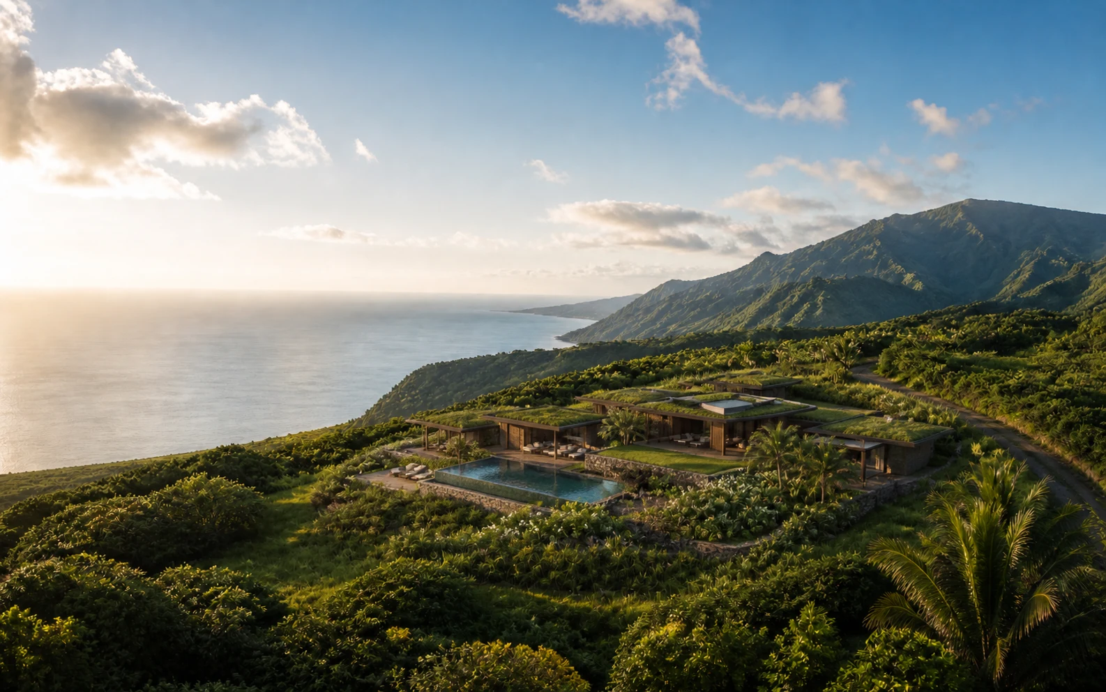 AI-generated conceptual aerial of a fictional completed tropical retreat on the same hillside