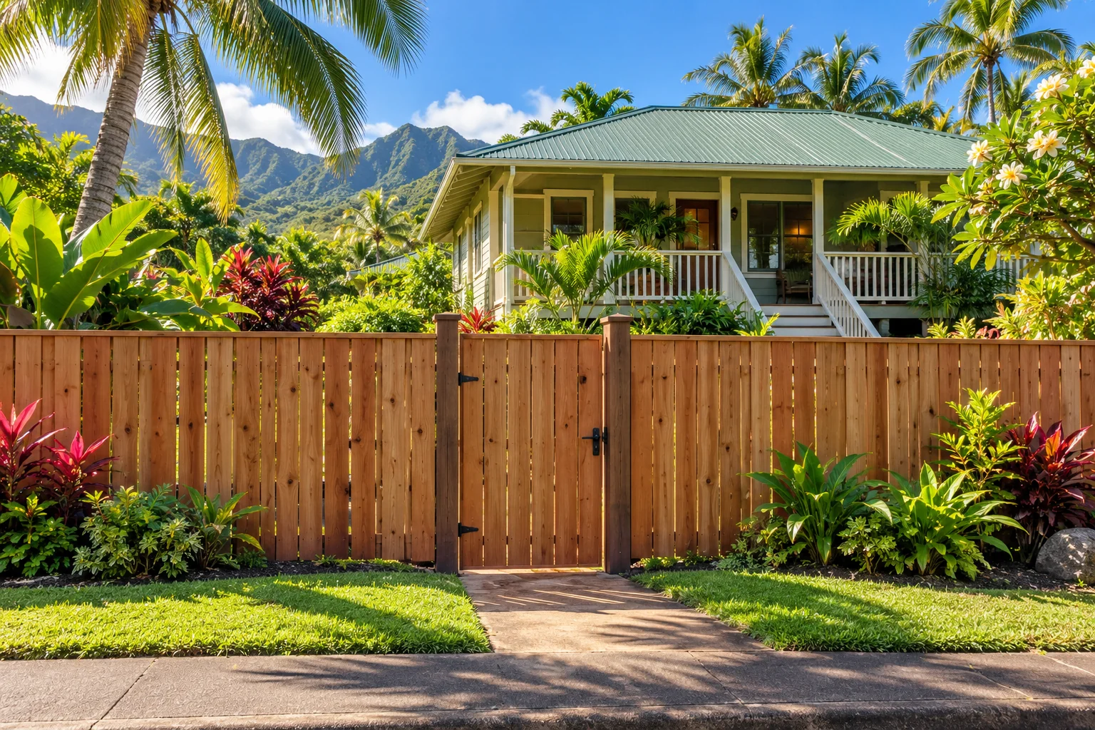 AI concept of a vertical cedar fence at a local-style Hawaiʻi home with a green roof and tropical garden