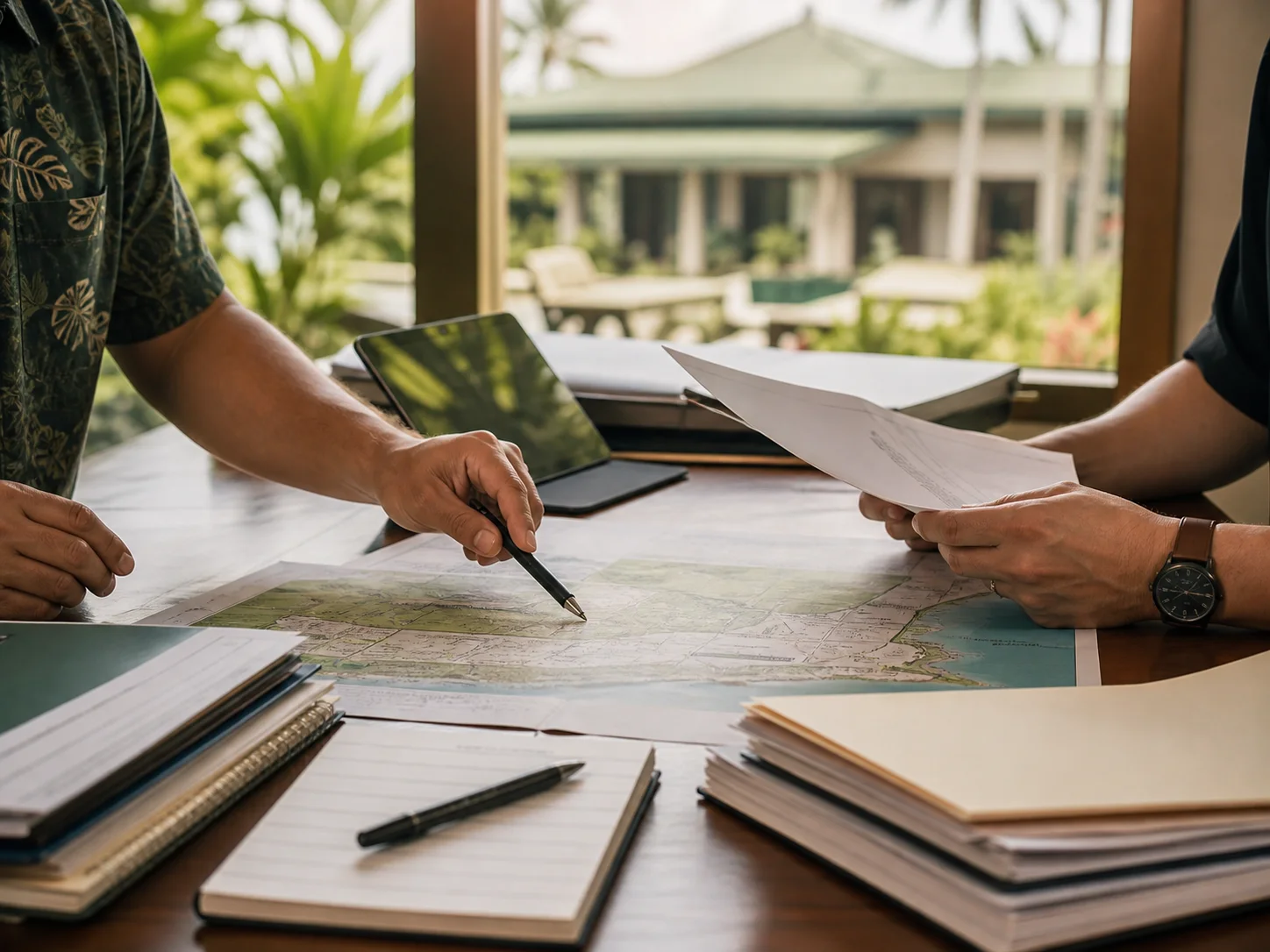Professionals organizing property maps and planning documents