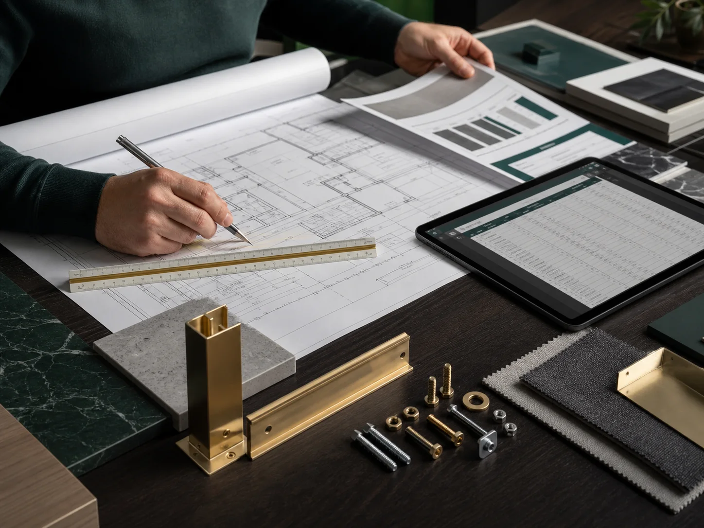 Detailed construction plans, material samples, and takeoff worksheet
