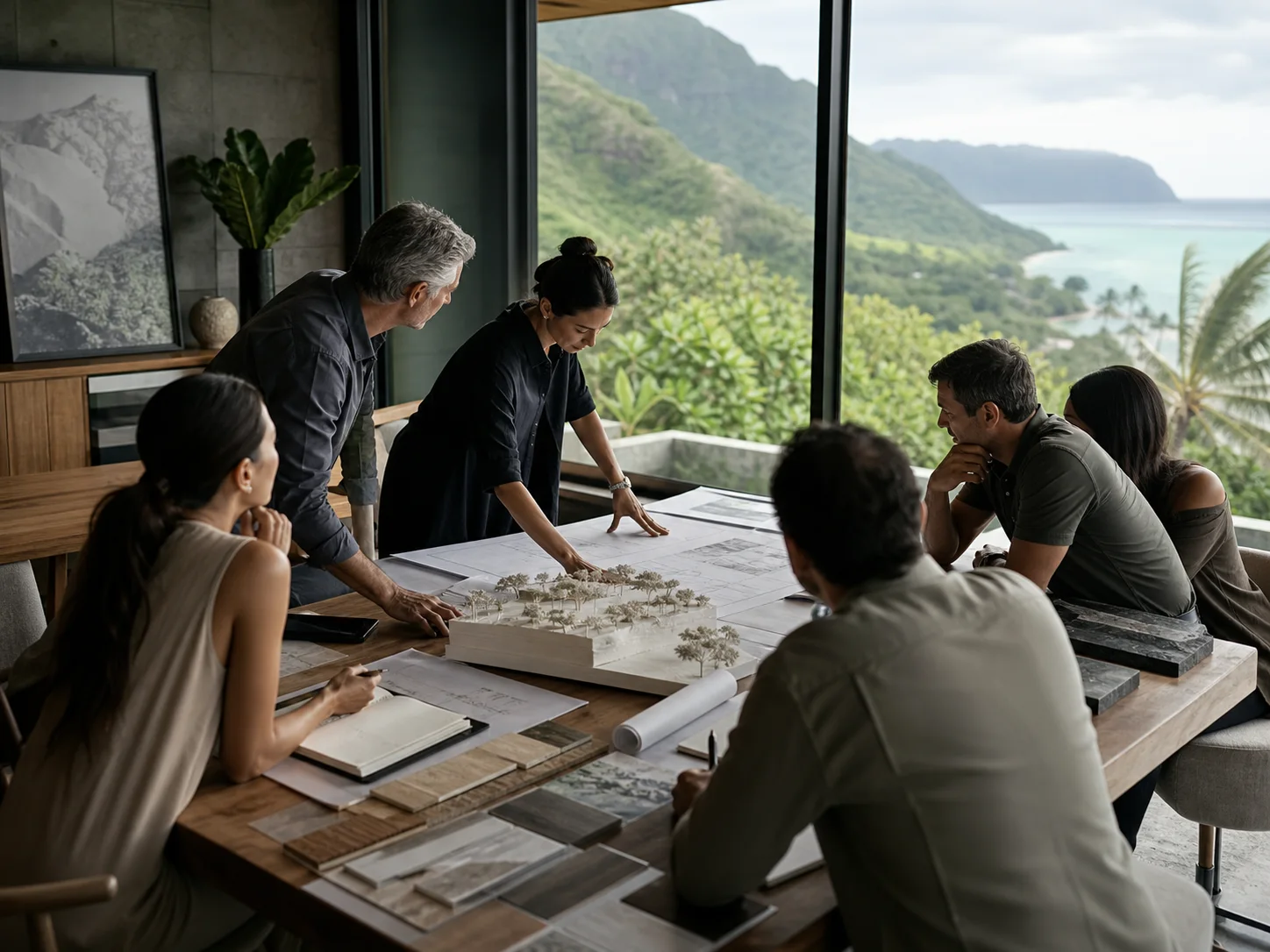 Project specialists coordinating around plans and a site model