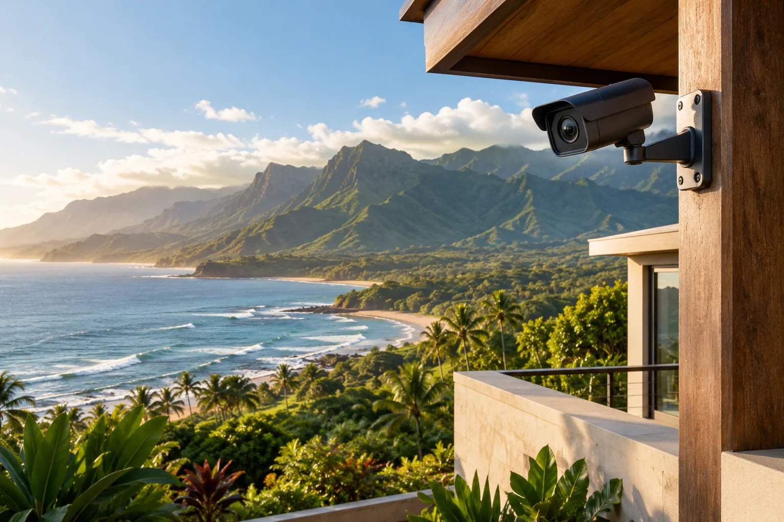 Illustrative weatherproof live camera overlooking a tropical coastline