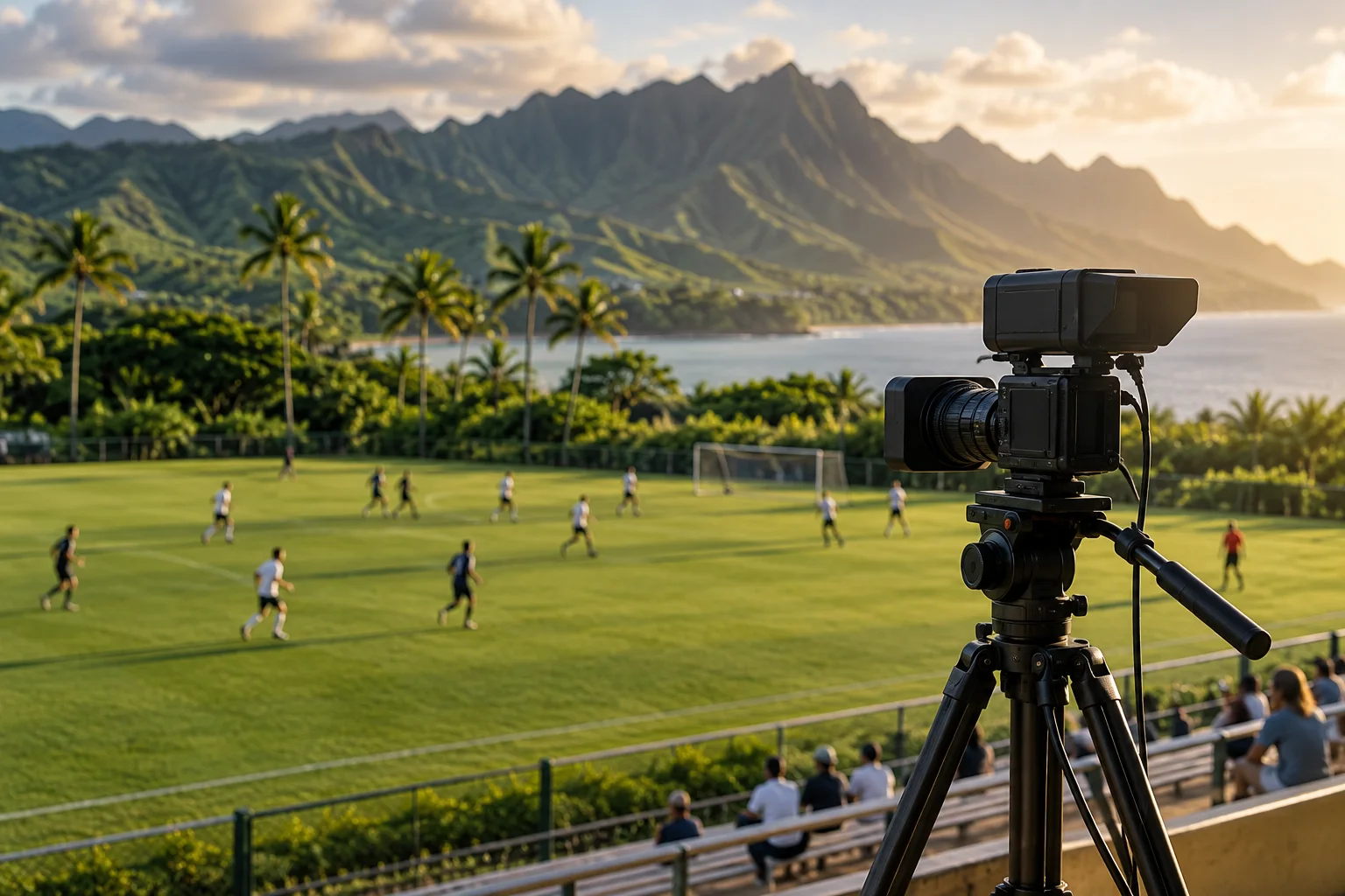 Illustrative sports streaming camera beside a community playing field