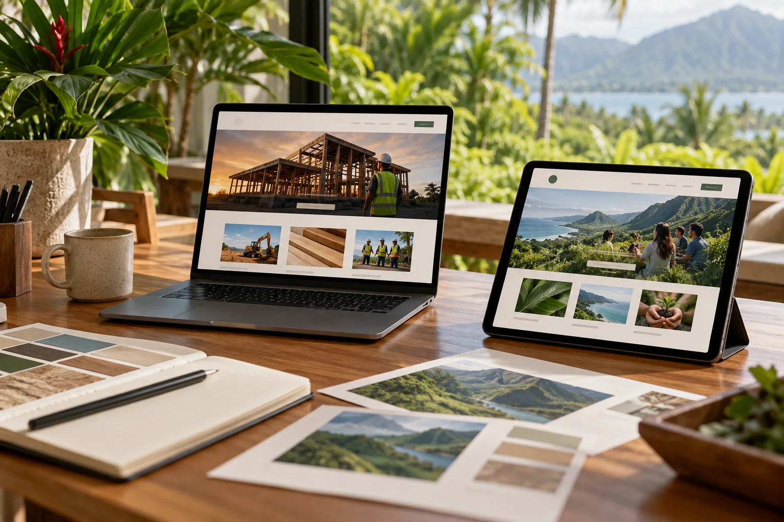 AI-generated business and nonprofit website concepts on laptop and tablet